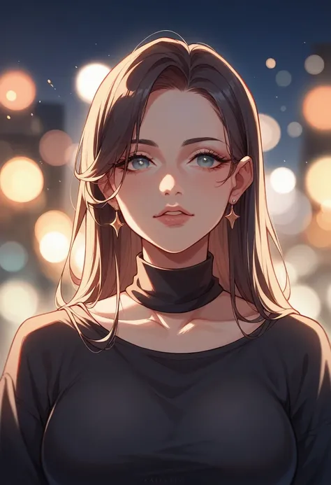 (Cinematic Aesthetics) Photo of a beautiful model. From Argentina. bokeh city night, portrait of a wonderfully beautiful woman, portrait showing the whole body, woman in a beautiful long black sweater, with lots of transparency and fine fabric