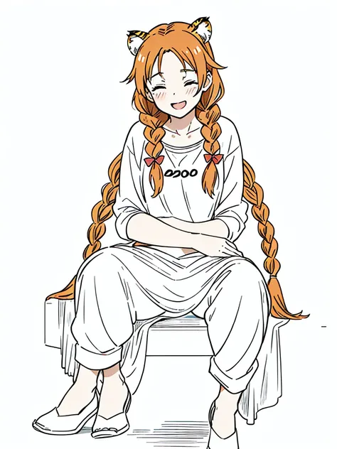 1girl,20 years old,mature female,solo,tiger ears,long hair,casual outfit,(twin braids),orange hair,(white background,line drawing),sitting,blush,open mouth,smile,closed eyes,drunked,portrait