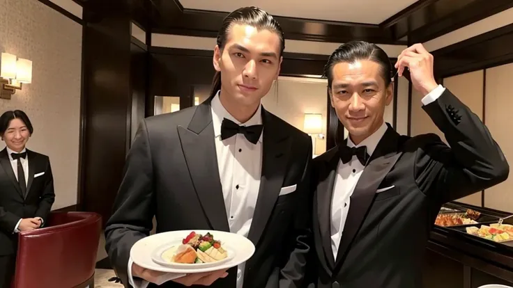 A tall man with bangs down and a man with his hair slicked back are taking a photo together., Japanese, Black suit, Luxury hotel buffet