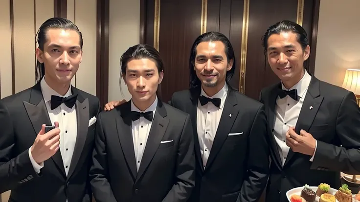 A tall man with bangs down and a man with his hair slicked back are taking a photo together., Japanese, Black suit, Luxury hotel buffet