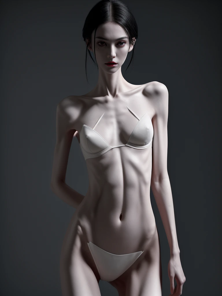 a woman with an extremely thin, emaciated body, visible bones, very slender figure, pale white skin, wearing only panties and a bra, full body tattoo, full body shot, having a mental breakdown, (best quality,4k,8k,highres,masterpiece:1.2),ultra-detailed,(r...