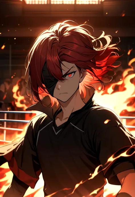 Teenage boy, hair lifted up, medium length hair, long bangs covering the left eye, multicolored black and red hair, serious face, Eyes red, black jersey, loose red short-sleeved overcoat, pair of medium black gloves, fire aura around the character, scene i...