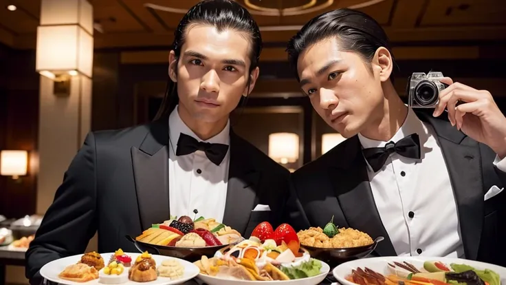 A man with his bangs down and a man with his hair slicked back are taking a photo together, Japanese, Black suit, Luxury hotel buffet