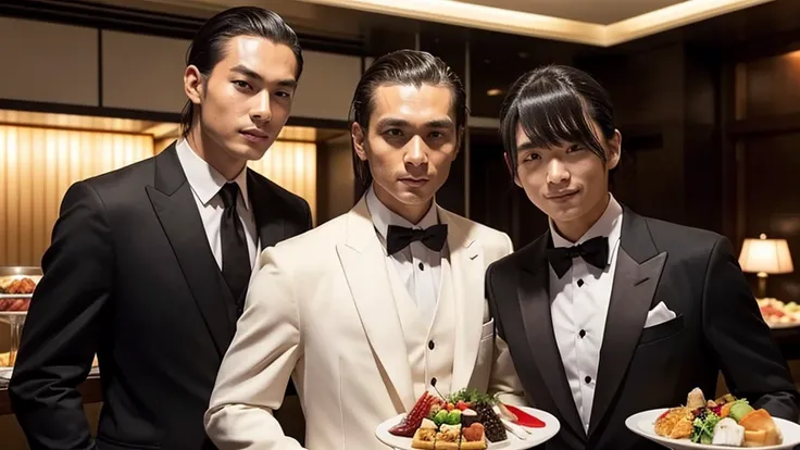 A man with his bangs down and a man with his hair slicked back are taking a photo together, Japanese, Black suit, Luxury hotel buffet