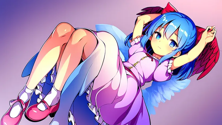 masterpiece, best quality, 1girl, , , 10 years old, medium blue hair, hair flaps, pink ribbon on head, well-formed face, blue eyes, angel girl, white blouse, puffy short sleeves, red ribbon, angel wings, long white skirt, red shoes, frills, ribbon head