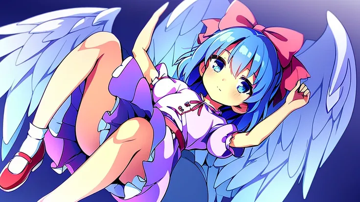 masterpiece, best quality, 1girl, , , 10 years old, medium blue hair, hair flaps, pink ribbon on head, well-formed face, blue eyes, angel girl, white blouse, puffy short sleeves, red ribbon, angel wings, long white skirt, red shoes, frills, ribbon head