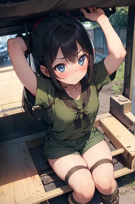 1 girl, sitting, inside a military vehicle, (((short sleeve, military uniform, mini shorts))), ((military vehicle)), arms up, (tied up:1.5), tied up, handcuffed, restrained, (worried:1.5), (blushing:1.5), perfect body, perfect face, perfect eyes, detailed ...