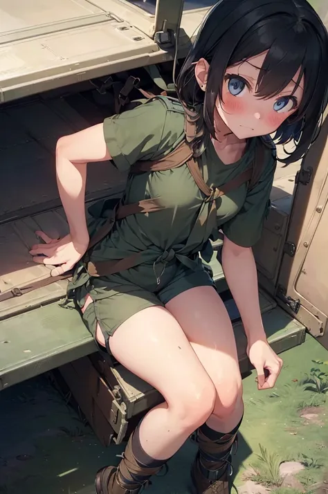 1 girl, sitting, inside a military vehicle, (((short sleeve, military uniform, mini shorts))), ((military vehicle)), arms up, (tied up:1.5), tied up, handcuffed, restrained, (worried:1.5), (blushing:1.5), perfect body, perfect face, perfect eyes, detailed ...