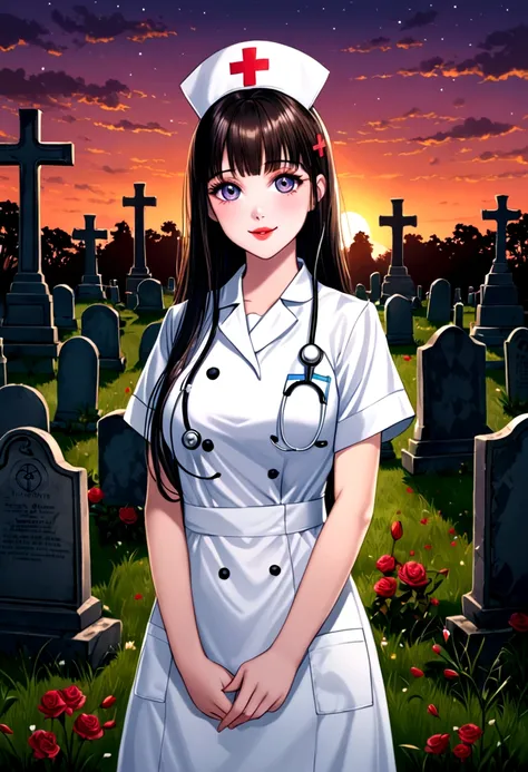 Picture of a 24 girl, nurse, ultra beautiful, round eyes, heart-shape face, heart-shape lips, straight long hair.  Standing in front of large graveyard, invite smile, twilight time.