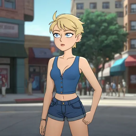 Panel work of art, blue colored eyes, short blonde hair, wearing a tight blue tank top with a low neckline, wearing short, tight denim shorts with the buttons open, defined body, 4K HD image