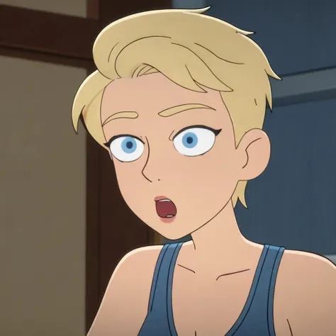 Panel work of art, blue colored eyes, short blonde hair, wearing a tight blue tank top with a low neckline, wearing short, tight denim shorts with the buttons open, defined body, 4K HD image