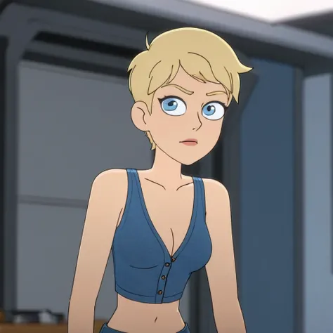 Panel work of art, blue colored eyes, short blonde hair, wearing a tight blue tank top with a low neckline, wearing short, tight denim shorts with the buttons open, defined body, 4K HD image