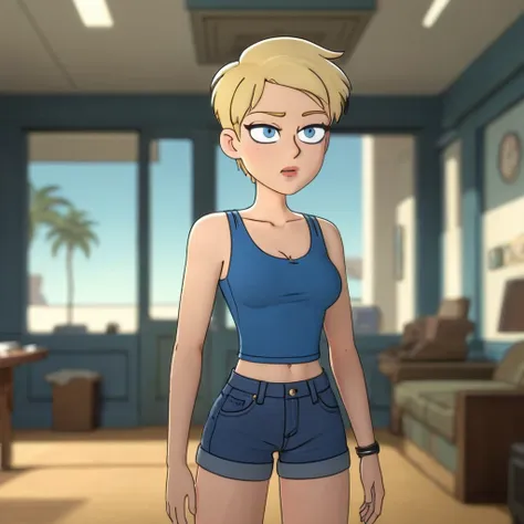 panel work of art, blue colored eyes, short blonde hair, wearing a tight blue tank top with a low neckline, wearing short, tight...