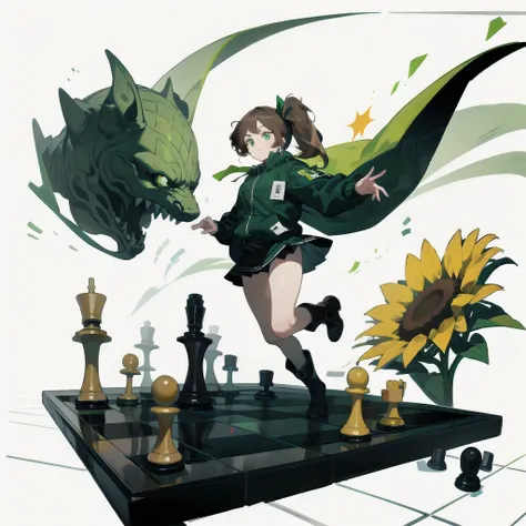 [(White background:1.15), ::2]Solitary, Medium shot, whole body，High saturation a girl，（Brown side ponytail），dynamic，Jumping，Green eyes，[White background 1::5]，Dark green windbreaker，Mini skirt，Black Silk，（Stand on a giant chess board），boots， Black and whi...