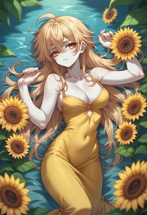 Oshun saint with white skin in a yellow dress in a beautiful river with sunflowers 