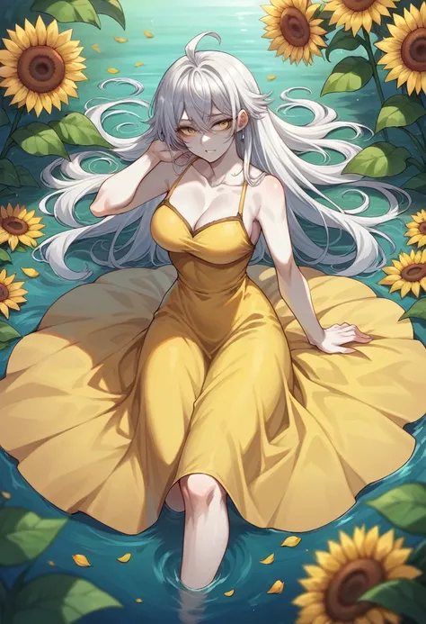 Oshun saint with white skin in a yellow dress in a beautiful river with sunflowers 