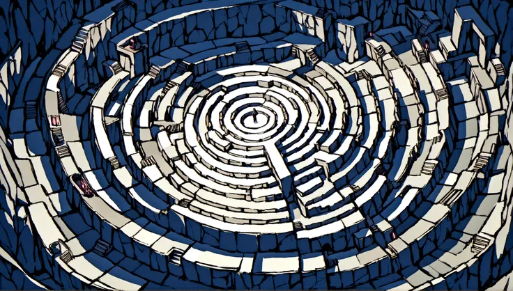 entering a labyrinth where a forking path is visualized in front. the place is built of gray walls and the sky is white