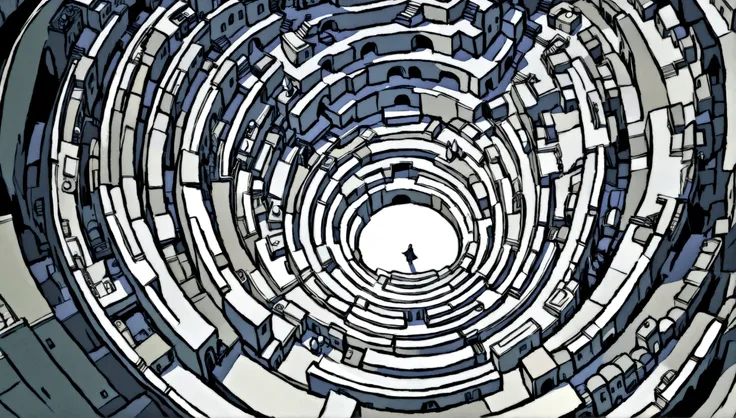 entering a labyrinth where a forking path is visualized in front. the place is built of gray walls and the sky is white