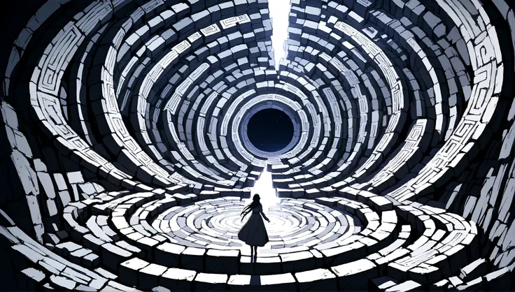 entering a labyrinth where a forking path is visualized in front. the place is built of gray walls and the sky is white