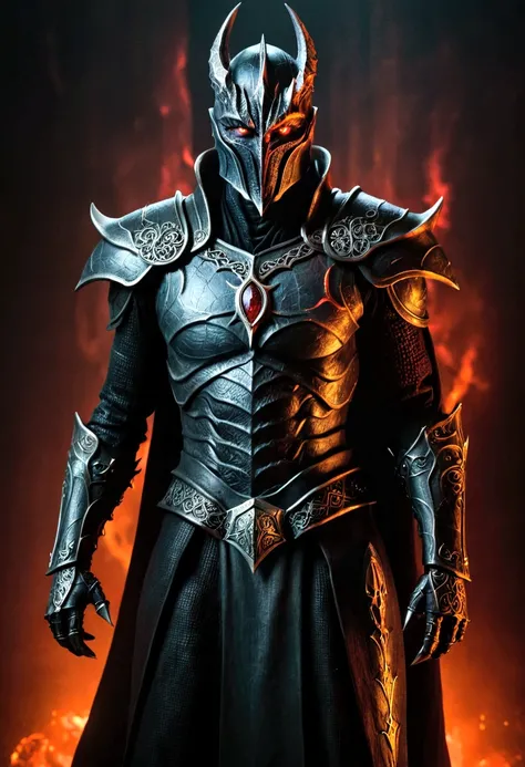 Portrait of Sauron, the Dark Lord, standing tall realistic, high quality brilliantly rendered, dark and ominous atmosphere, glowing red eyes, sharply angled features and body, menacing expression, ornate dark armor, dramatic lighting, moody color tones, ci...