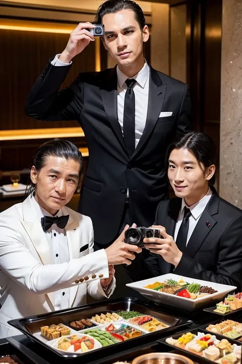 A man with his bangs down and a man with his hair slicked back are taking a photo together, Japanese, Black suit, Luxury hotel buffet