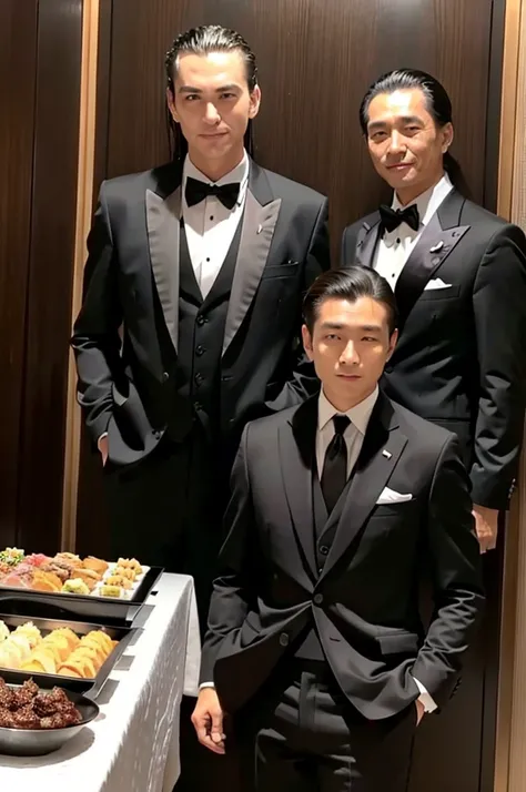 A man with his bangs down and a man with his hair slicked back are taking a photo together, Japanese, Black suit, Luxury hotel buffet