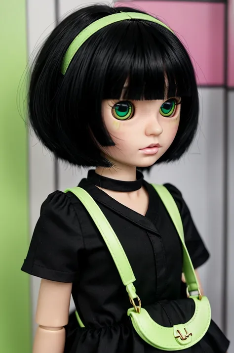 a blythe doll that has a long black hair and a hime cut bangs wearing a black shirt has a black eyes and a small neon green shoulder bag in a icon picture