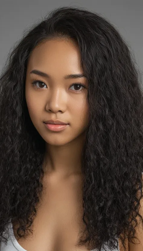 hiper realistic and natural picture, a young pretty woman. black weavy hair, blasian asian