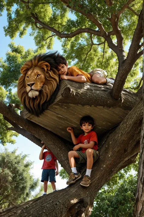 Some boys are climbing the tree and the lion is sitting below