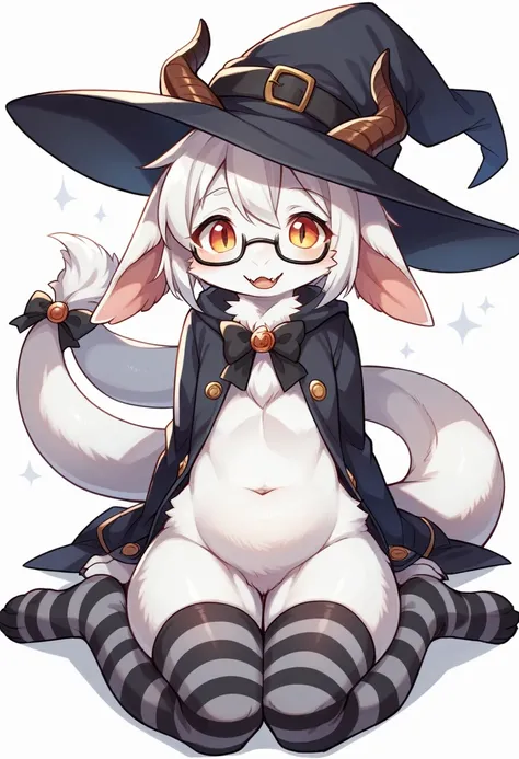 Furry, Furry dragon (anthro), cute fur, eyes black, god of eyes, gray witch hat with black bow, fur all over belly and thigh, artwork, detailded, Perfect artwork, (VOLUMOUS WHITE fur ON THE NECK), White dragons tail, Kemono, wearing glasses without rounded...