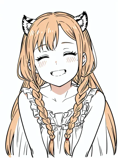 1girl,20 years old,mature female,solo,tiger ears,long hair,(twin braids),orange hair,(white background,line drawing),blush,open mouth,smile,closed eyes,drunked,portrait,drooling