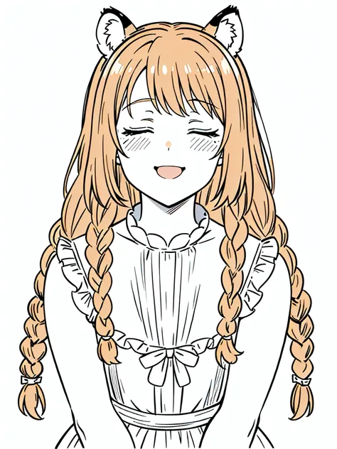 1girl,20 years old,mature female,solo,tiger ears,long hair,(twin braids),orange hair,(white background,line drawing),blush,open mouth,smile,closed eyes,drunked,portrait,drooling