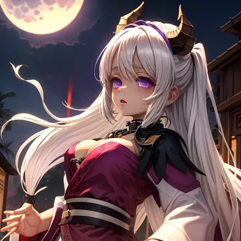 Niña pequeña, White hair,  Violets eyes, slave collar, chains on his neck and arms, demons, (Large round breasts: 0.6),  (Moon demon eyes: 1.18) (kimono: 0.9), (Wide hips: 0.75), (girl face: 0.6), (pale skin: 0.8).