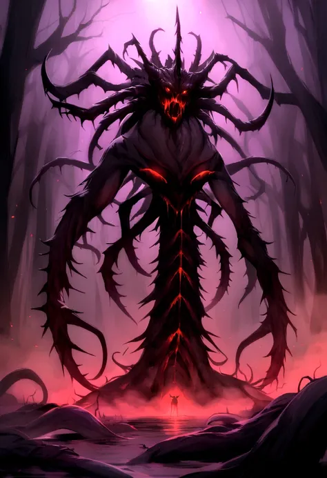 A dark, mystic depiction of a demon with features of a fearsome animal. This entity has a nightmarish, twisted form, with elongated limbs, clawed hands, and a face that combines demonic and bestial elements. The background is a cursed forest, shrouded in t...