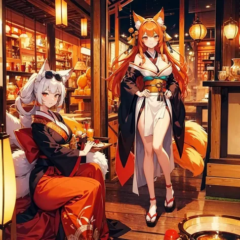 1 kitsune woman. Tall. Busty. wearing a revealing kimono. 9 big fluffy tails. Long Orange hair. Cute and soft Smile. inside an antique shop.