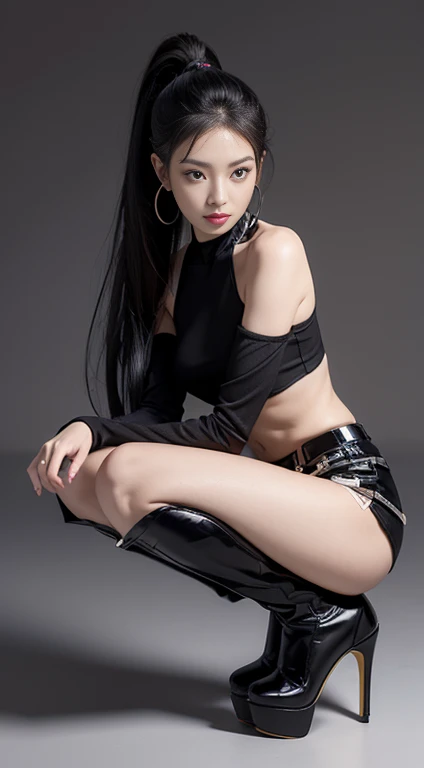 Chinese-Japanese mixed-race high heels jazz dance model，Black clothes，Black shorts，Black extra-high heels，Black long high heel boots，Super beautiful，fit，Slim abdominal muscles，Long hair，Small waist，beautiful，full-body shot，Clothes are slim-fitting，Smooth l...