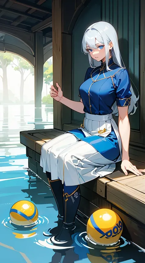 beautiful elderly woman, gray hair, long hair, ((crew cut: 1)), blue eyes, fair skin, ((muscular: 1)), woman, 50 years old, blue shirt with white, gold details, wide skirt, boots black, patriarch, water, water balls.

￼



