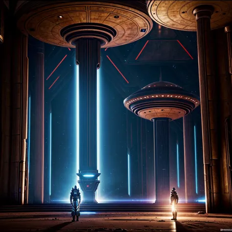 Photorealistic Sci-fi movie featuring the interiors of the royal African sci-fi worship Temple of the Bene Gesserit in a warworld alien invasion planet, movie in the style of Dennis Villeneuve 