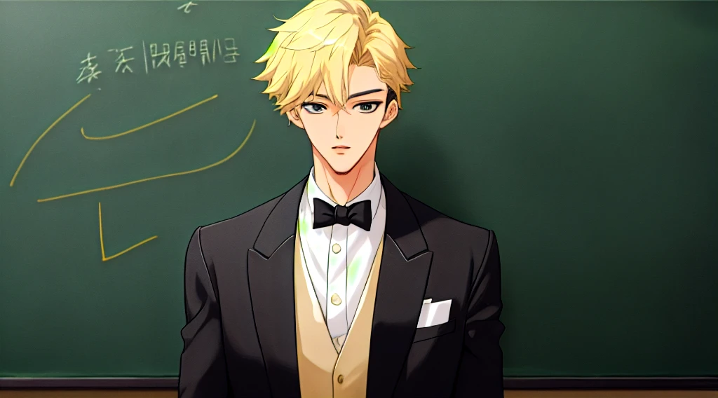 high quality、masterpiece、Teacher standing in front of the podium、Chalkboard at the back、male、Black suit、Anime Style、Close-up of face、Handsome