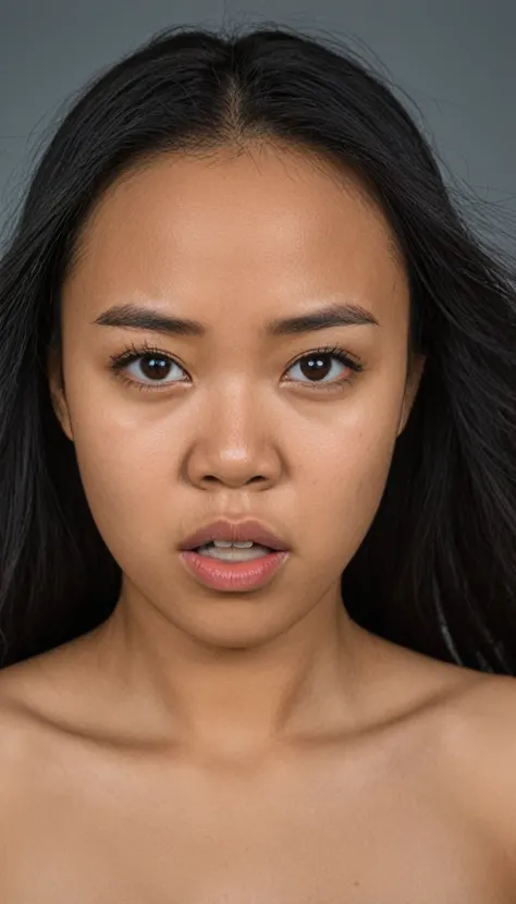 Hiper realistic and natural picture, A young pretty woman. Black streight weavy hair, blasian, predominantly Asian and dark skinned. angry face