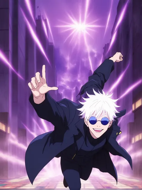 albino boy with blue eyes, a black trench coat and navy blue clothes, dark sunglasses and a cheerful smile, in addition to relea...