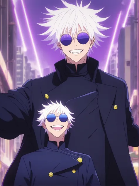 albino boy with blue eyes, a black trench coat and navy blue clothes, dark sunglasses and a cheerful smile, In addition to releasing purple rays in an epic way