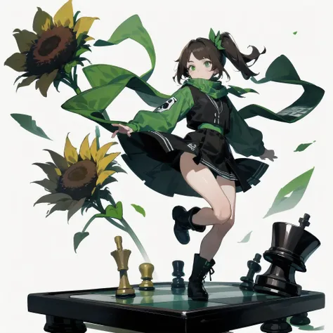 [(White background:1.15), ::2]Solitary, Medium shot, whole body，High saturation a girl，（Brown side ponytail），dynamic，Jumping，Green eyes，[White background 1::5]，Dark green windbreaker，Mini skirt，Black Silk，（Stand on a giant chess board），boots， Black and whi...