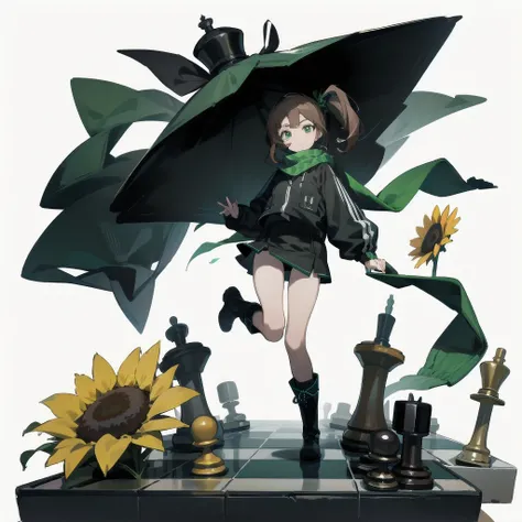 [(White background:1.15), ::2]Solitary, Medium shot, whole body，High saturation a girl，（Brown side ponytail），dynamic，Jumping，Green eyes，[White background 1::5]，Dark green windbreaker，Mini skirt，Black Silk，（Stand on a giant chess board），boots， Black and whi...