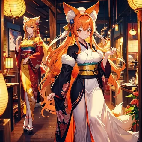 1 kitsune woman. Tall. Busty. wearing a kimono. 9 big fluffy tails. Long Orange hair. Cute and soft Smile. inside an antique shop.