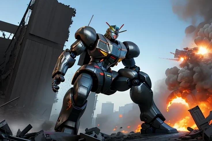 High resolution,high quality,(Perfect body),robot,Giant robot,Battle robot,Black robot,Dirty Powered Suit,Collapsed Building,Explosion behind