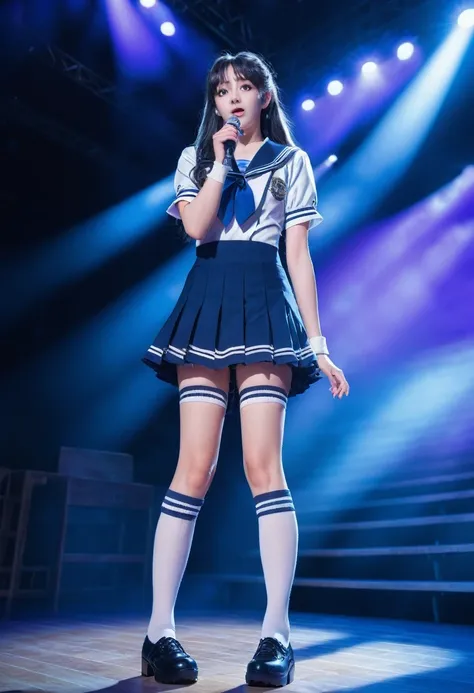 Idol Stage, Idol Dress, beautiful, Very detailed, masterpiece, Highest quality, Tyndall effect, light, Stage lighting, Blue-toned long-haired high school girl、Purple eyes、Sailor suit, Knee socks, on stage, look up, Light Scattering, Volumetric lighting, Sp...