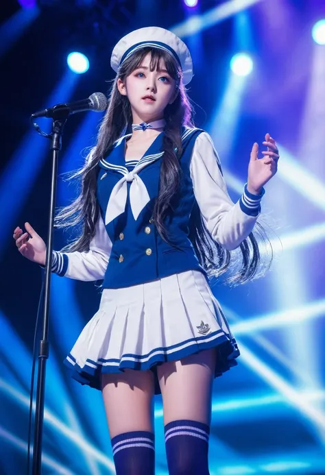 Idol Stage, Idol Dress, beautiful, Very detailed, masterpiece, Highest quality, Tyndall effect, light, Stage lighting, Blue-toned long-haired high school girl、Purple eyes、Sailor suit, Knee socks, on stage, look up, Light Scattering, Volumetric lighting, Sp...