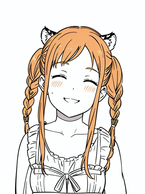 1girl,20 years old,mature female,solo,tiger ears,long hair,(twin braids),orange hair,(white background,line drawing),blush,open mouth,smile,closed eyes,drunked,portrait,smile,teeth