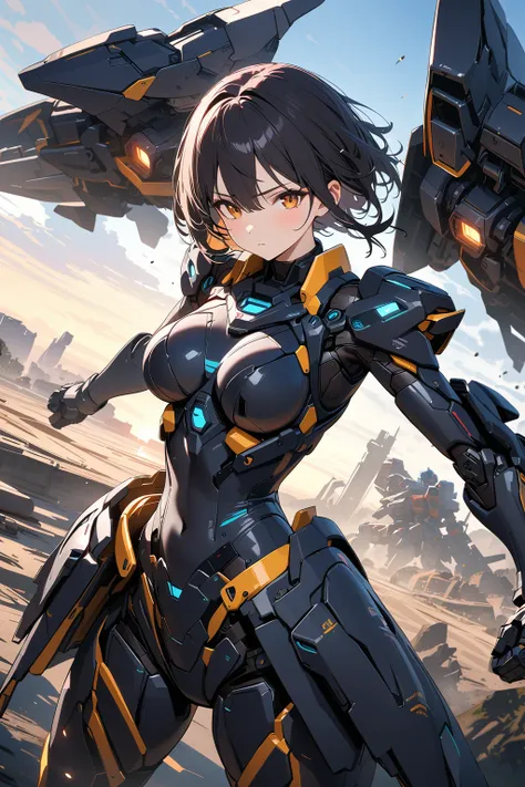 (masterpiece, best quality:1.5), (ultra detailed, high resolution, 8k, beautiful detailed, UHD, best anatomy), black hair, medium breasts, mecha musume, Body made of machines, fighting formation, expressionless, An ominous place